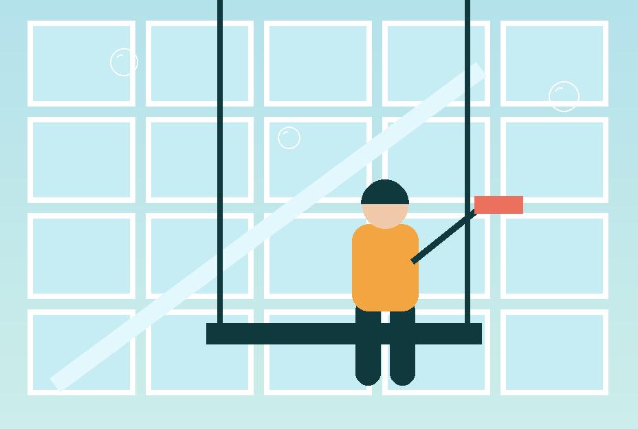 Professional washing tall glass windows with a squeegee